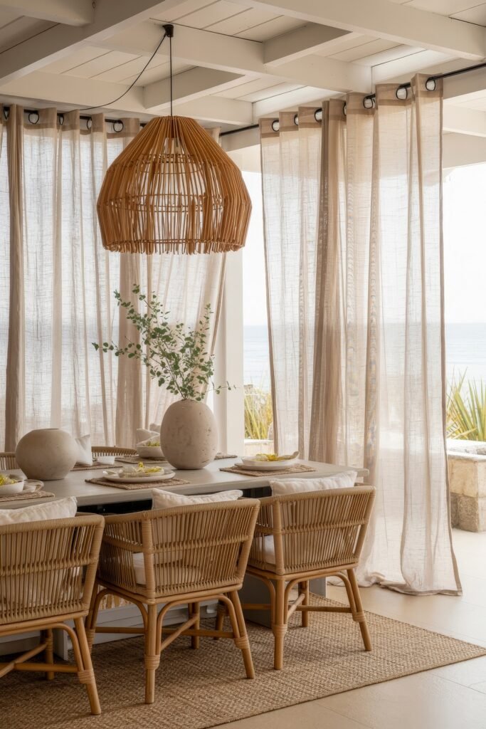 Coastal Summer Vibes for City Apartments 29 Elegant dining area with rattan chairs, a large woven pendant light, and a sea view, perfect for summer décor.