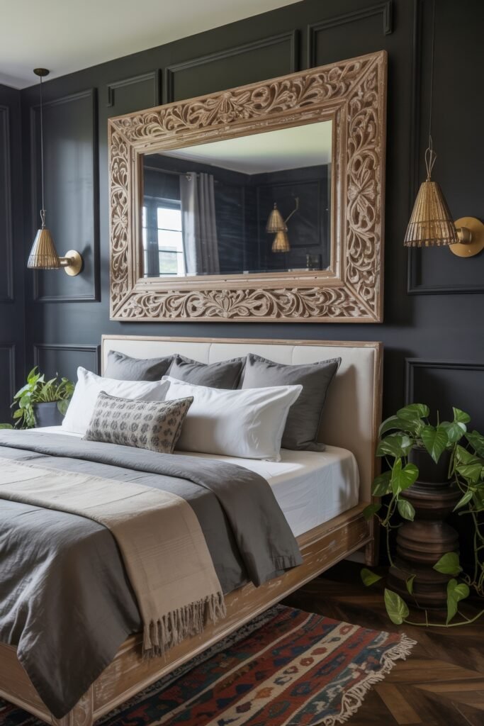 Dark Boho Bedroom Ideas: Unexpected Tricks for Cozy Drama 23 Sophisticated Dark Boho Bedroom with carved wood-framed mirror, gray and white bedding, brass pendant lights, and layered rugs with tribal patterns.