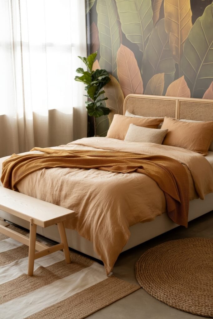 Earthy Bedroom Ideas: 12 Essential Ways to Elevate Your Space 23 Cozy room featuring a bold tropical leaf mural, terracotta-toned bedding, a woven rug, and natural wood accents, merging Bohemian charm with earthy color depth.