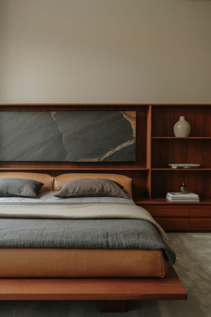 Masculine Luxury Bedroom: Genius Luxe Ideas 28 Sophisticated room with a natural stone wall art piece above a camel leather bed, deep wood shelving, and a layered gray and beige bedding ensemble.