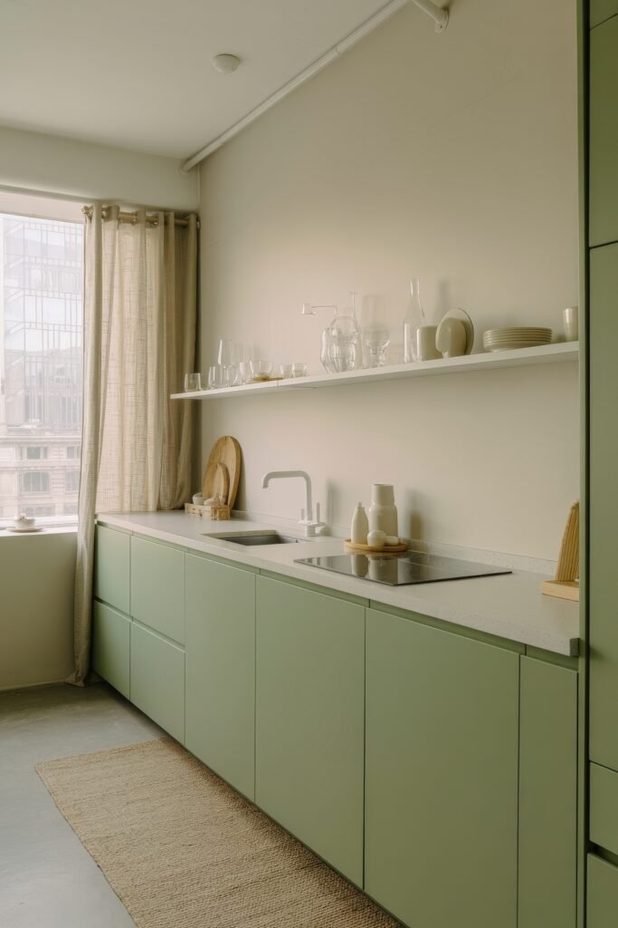Sage Green Kitchen Bliss: Inspiring Ideas 22 Minimalist Sage Green Kitchen with handleless lower cabinets, light countertops, and a clean, modern aesthetic softened by glassware and soft lighting.