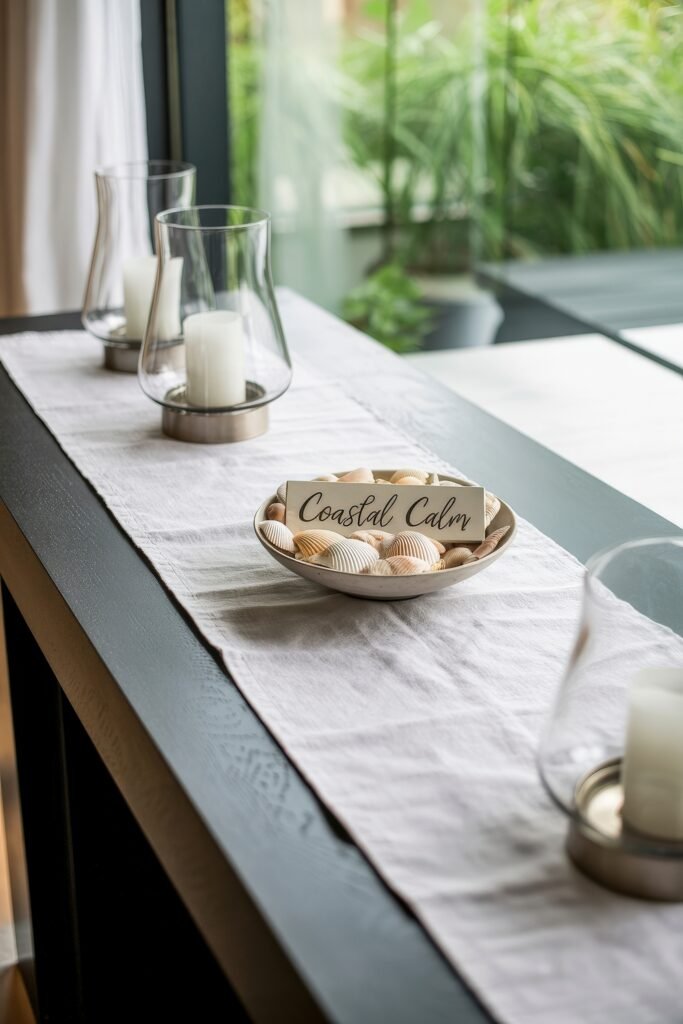 Summer Mantel Decor Tips (Even If You Don’t Have a Fireplace) 21 Black console table with a white runner, glass candle holders, and a bowl of seashells with a “Coastal Calm” sign for serene summer décor.