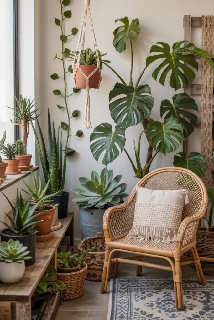 Bright Summer Sunroom Ideas: Airy Decor for Sunny Days 24 Cozy indoor garden corner with a rattan chair, hanging planter, macrame decor, succulents, aloe, and a mix of potted greenery.