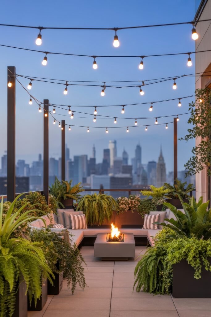 Stylish Rooftop and Terrace Garden Design 29 Rooftop oasis with vibrant plants, striped cushions, fire pit, and overhead lights, merging lush Balcony & Terrace Gardening with modern outdoor living.