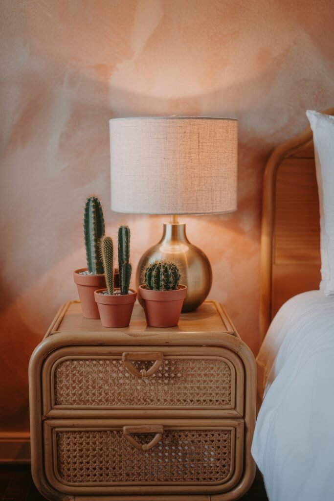 Terracotta Bedroom Ideas: Genius Ways to Glow 23 Close-up of a rattan nightstand with a brass lamp and four small cactus plants in terracotta pots, styled against a softly textured peach wall.