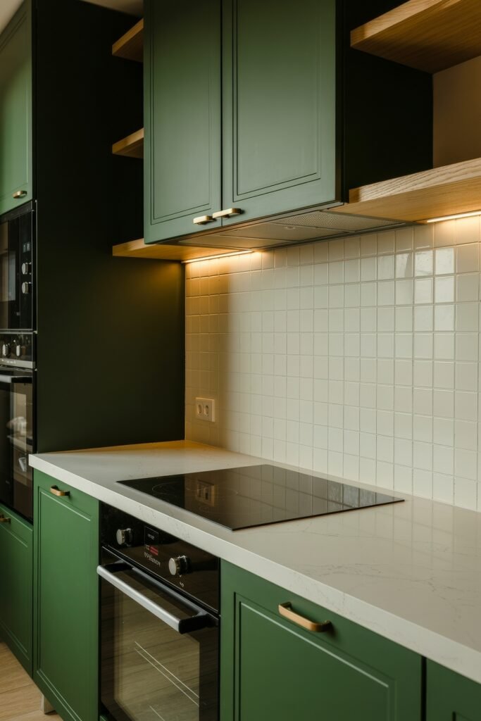 Dark Green Kitchen Magic: Bold Ideas for Modern Elegance 25 A clean and contemporary kitchen with dark green cabinetry, a white tiled backsplash, induction cooktop, and built-in oven, accented by warm under-cabinet lighting.
