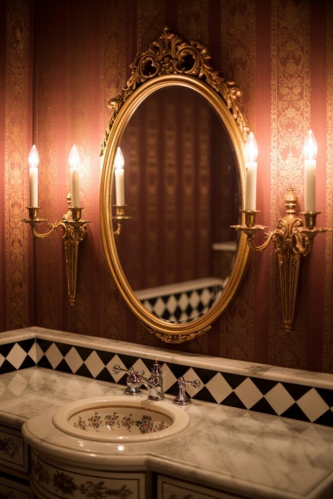Gothic Bathroom Ideas: Genius Touches for Moody Glam 27 Marble vanity with a floral ceramic sink, framed by gold candle sconces and an ornate mirror, set against rich red and gold damask wallpaper, delivering regal Gothic Bathroom Ideas.