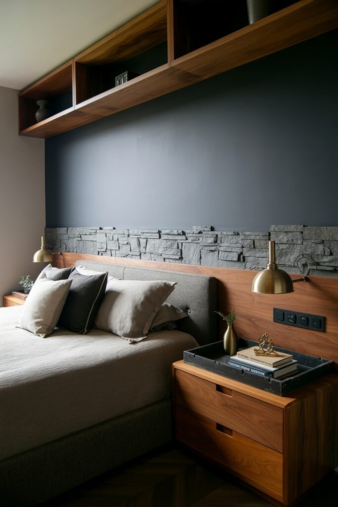 Masculine Luxury Bedroom: Genius Luxe Ideas 29 Cozy bedroom with a gray stone and navy accent wall, light upholstered headboard, soft neutral bedding, and wood nightstands with brass lamps and curated decor.