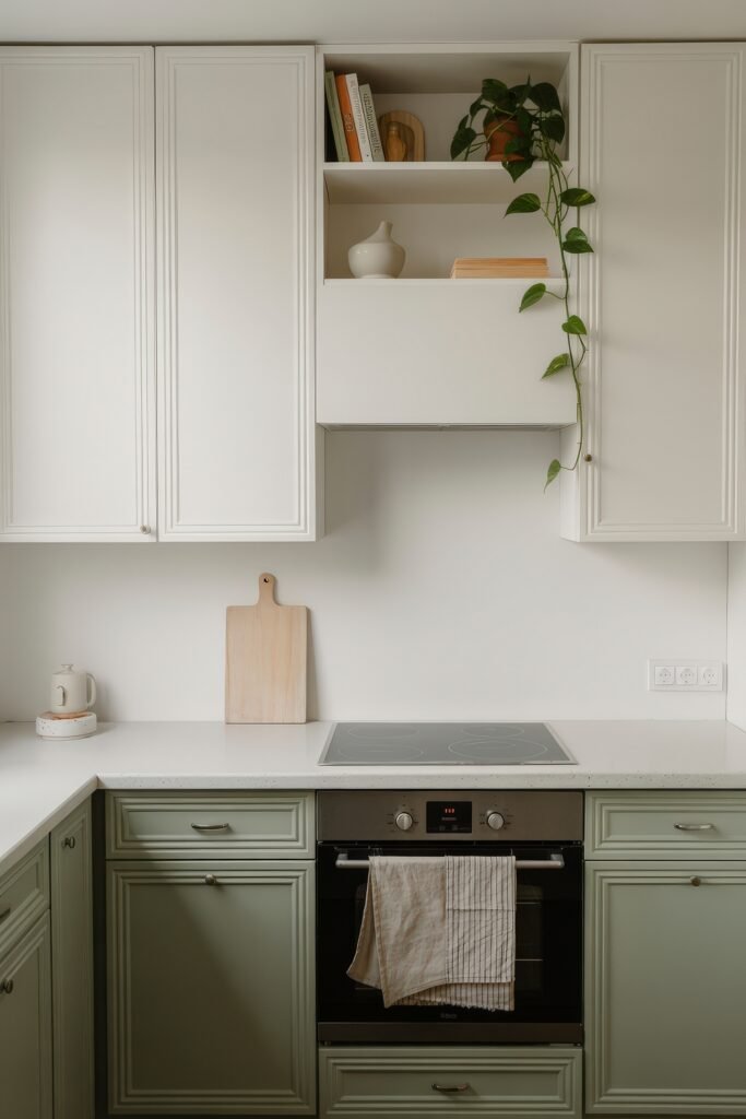 Sage Green Kitchen Bliss: Inspiring Ideas 23 Compact U-shaped Green-Themed Kitchen with white upper cabinets, sage green base units, open shelving, and a hanging plant adding organic texture.