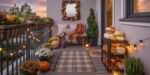 Cozy balcony decorated with pumpkins, chrysanthemums, a plaid rug, and string lights, featuring a wooden bench with cushions and a mirror framed in autumn leaves, creating inviting fall outdoor decor.