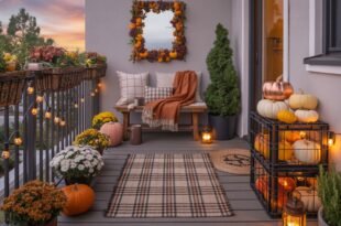 Cozy balcony decorated with pumpkins, chrysanthemums, a plaid rug, and string lights, featuring a wooden bench with cushions and a mirror framed in autumn leaves, creating inviting fall outdoor decor.