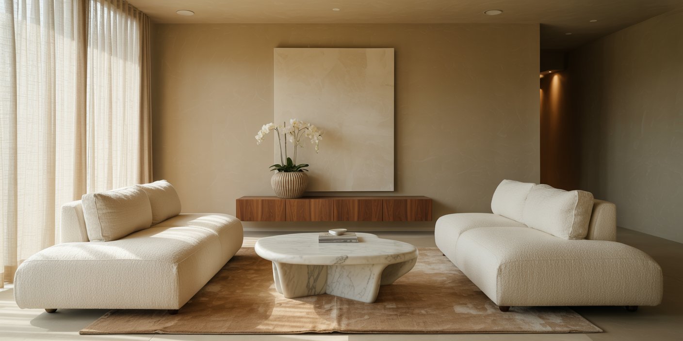 Minimalist modern luxury living room with two low cream sofas facing a sculptural white marble coffee table on a tan rug, beige walls, floating walnut console and orchid arrangement under soft daylight