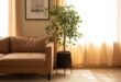 Sunlit brown couch beside a tall indoor plant in a serene living room with light beige curtains and framed wall art, reflecting brown-themed living rooms.