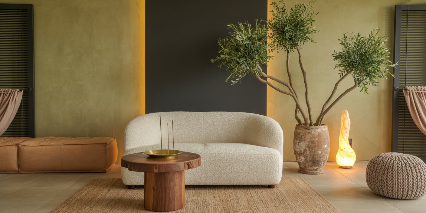 Cozy luxury living room featuring a white boucle loveseat, rustic wooden coffee table with brass tray, a tall potted tree, ambient stone lamp, and natural textures in warm earthy tones.