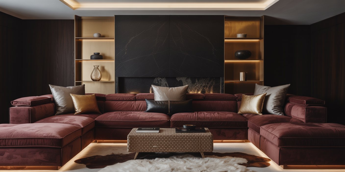 Contemporary luxury living room with a deep burgundy velvet sectional sofa accented by metallic and neutral throw pillows, set against a dark marble fireplace with gold-lit shelving and a textured rug.