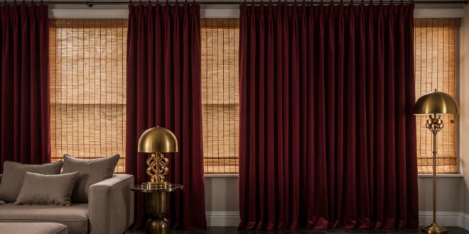 Sophisticated luxury living room featuring rich burgundy curtains over bamboo shades, a grey sectional sofa, and vintage-style brass lamps on black tile flooring.