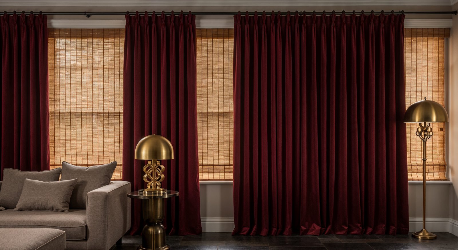 Sophisticated luxury living room featuring rich burgundy curtains over bamboo shades, a grey sectional sofa, and vintage-style brass lamps on black tile flooring.