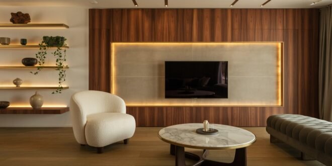 Elegant luxury living room featuring a textured TV wall with warm wood panels, ambient backlighting, and a wall-mounted flat-screen TV, complemented by modern furnishings including a boucle armchair, tufted bench, marble coffee table, and minimalist shelving with soft lighting and curated decor.