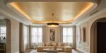 Luxury Ceiling Design in Living Rooms Elegant living room with a soft beige palette, featuring a sculptural pendant light, a long modular sofa lined with cushions, a marble coffee table, and a glowing recessed luxury ceiling design living room.