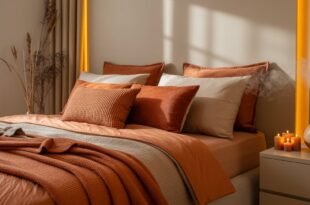 Cozy fall bedroom decor with burnt orange and beige bedding, textured pillows, glowing candles, and a diffuser on a nightstand beside tall beige curtains and dried floral accents.