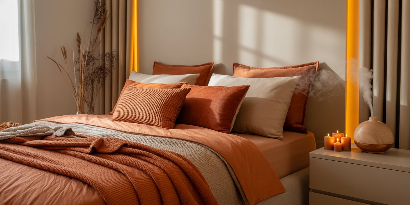 Cozy fall bedroom decor with burnt orange and beige bedding, textured pillows, glowing candles, and a diffuser on a nightstand beside tall beige curtains and dried floral accents.