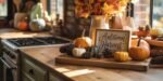 Wooden kitchen countertop decorated with mini pumpkins, pinecones, and a framed sign reading "Autumn Harvest," alongside a metal vase filled with fall leaves, creating a cozy fall kitchen decor scene.
