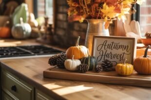 Wooden kitchen countertop decorated with mini pumpkins, pinecones, and a framed sign reading "Autumn Harvest," alongside a metal vase filled with fall leaves, creating a cozy fall kitchen decor scene.