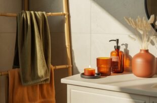 Bathroom countertop with amber-toned soap dispensers, an orange candle, and a terracotta vase with dried grasses, alongside bamboo towel ladder holding olive and rust-colored towels, creating a cozy fall bathroom decor scene.