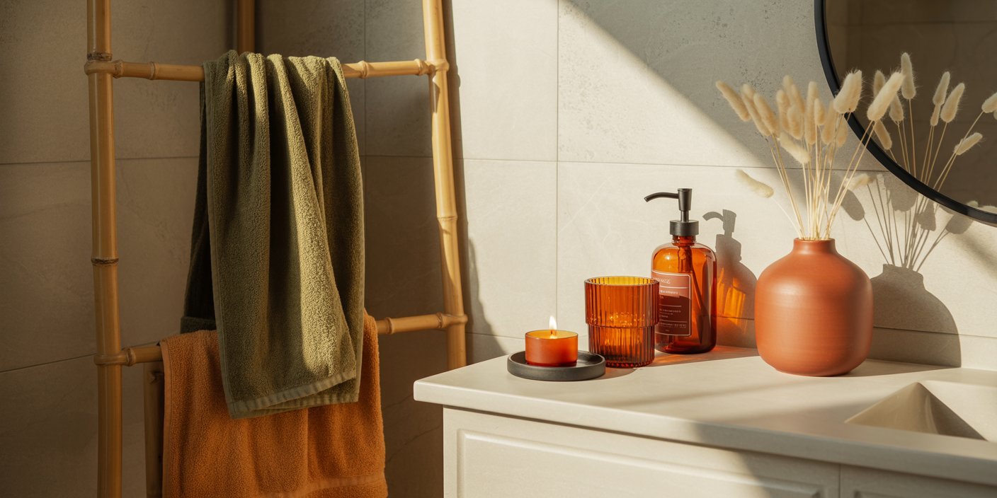 Bathroom countertop with amber-toned soap dispensers, an orange candle, and a terracotta vase with dried grasses, alongside bamboo towel ladder holding olive and rust-colored towels, creating a cozy fall bathroom decor scene.