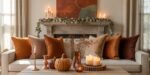 Cozy fall living room decor featuring a neutral sofa with warm-toned pillows, a coffee table adorned with pumpkins, candles, and autumn branches, and a fireplace mantle with greenery and candlelight.