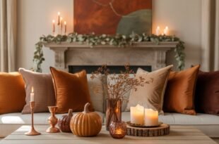 Cozy fall living room decor featuring a neutral sofa with warm-toned pillows, a coffee table adorned with pumpkins, candles, and autumn branches, and a fireplace mantle with greenery and candlelight.