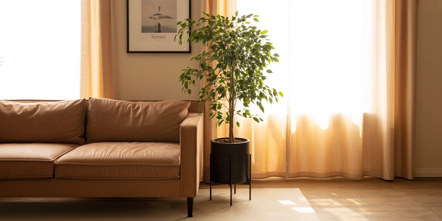 Sunlit brown couch beside a tall indoor plant in a serene living room with light beige curtains and framed wall art, reflecting brown-themed living rooms.