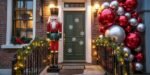 Festively decorated entrance with a large nutcracker figure, garland-wrapped railings with lights, a green front door with white snowflake decals, and a dramatic cluster of oversized red and silver ornaments—an inviting example of large outdoor Christmas decorations.