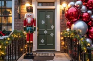 Festively decorated entrance with a large nutcracker figure, garland-wrapped railings with lights, a green front door with white snowflake decals, and a dramatic cluster of oversized red and silver ornaments—an inviting example of large outdoor Christmas decorations.