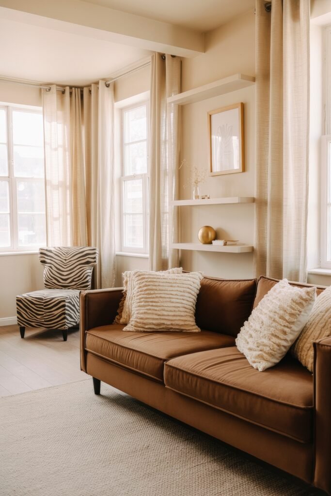 Brown Couch Living Room Ideas: Cozy and Chic Decor Inspiration 2 Bright living room with a sleek brown couch, textured cream pillows, zebra-print armchair, and open shelves, offering brown couch living room ideas.