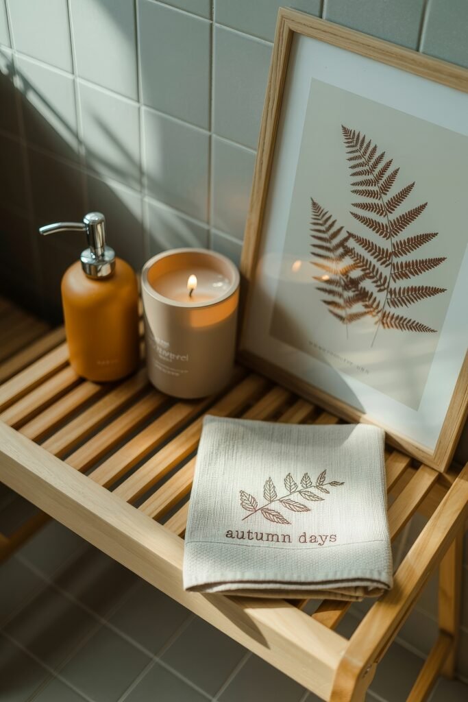 Fall Bathroom Decor: Cozy Upgrades for Instant Spa 2 Wooden bathroom bench with a beige candle, mustard soap dispenser, framed botanical print, and a folded towel embroidered with "autumn days," styled with soft morning light and subtle fall decor accents.