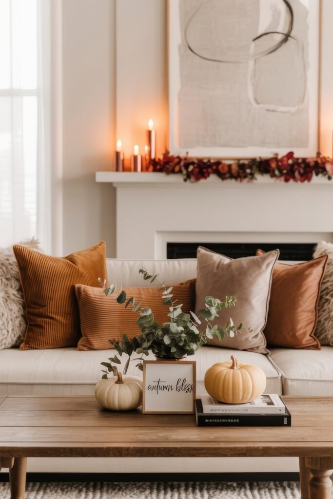Fall Living Room Decor: Brilliant Ways to Cozy Up 2 Elegant fall decor in a bright living room, showcasing a beige sofa with rust and copper pillows, a coffee table styled with white pumpkins, eucalyptus, and an “autumn bliss” sign, with candles glowing on the mantel.