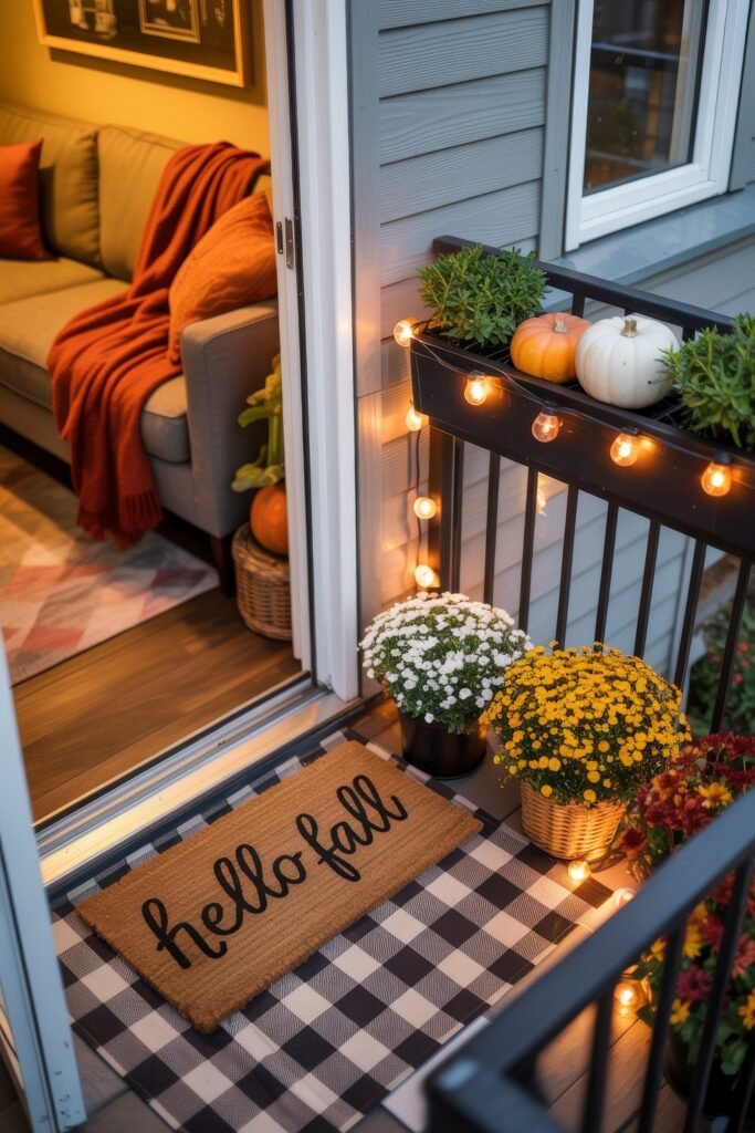 Fall Outdoor Decor: 12 Brilliant Touches for Tiny Porches 2 Small balcony entryway with a "hello fall" doormat, white and yellow potted mums, pumpkins on the railing planter, and soft string lights, welcoming the autumn season.