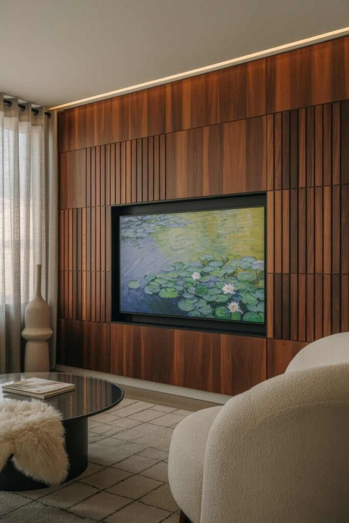 Living Room TV Wall Luxury: Sleek Ideas for a Stylish Setup 2 Sophisticated living room with a wood-paneled TV wall showcasing a large screen displaying a water lily painting, surrounded by vertical slatted accents, soft neutral curtains, and a plush chair beside a circular glass coffee table with decorative books and fur throw.