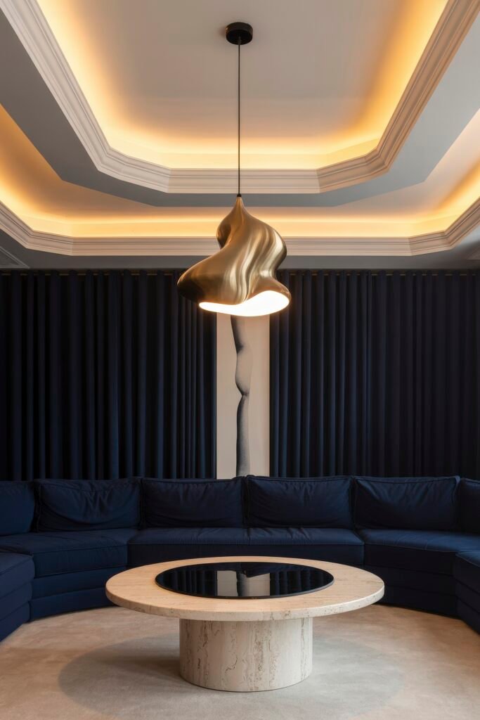 Luxury Ceiling Design in Living Rooms 2 Sophisticated lounge area with a modern wavy brass pendant light, navy curved sectional sofa, circular travertine table, and tiered luxury ceiling design living room accented with golden lighting.
