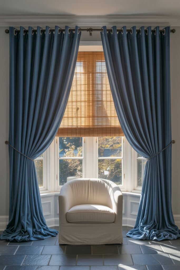 Luxury Curtains Living Room: Luxurious Curtains & Window Treatments 2 Elegant reading nook with deep blue velvet curtains pulled back around a bay window, revealing bamboo blinds and a cream armchair bathed in natural light.