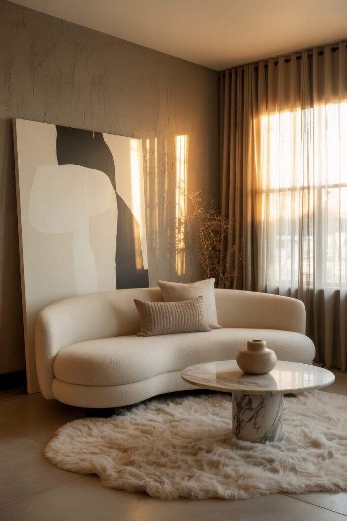 Modern Luxury Living Room: Designing a Sleek Luxe Lounge 2 Cozy corner of a modern luxury living room featuring a curved boucle sofa with neutral pillows, fluffy fur rug, round marble coffee table and large monochrome abstract canvas lit by warm sunset through sheer curtains