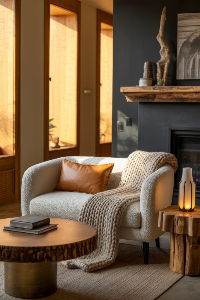 Rustic Luxury Living Room: Warm and Unique Living Area Themes 2 Warm and inviting rustic luxury living room with a textured cream armchair, chunky knit throw, leather cushion, and natural wood accents, set beside a dark fireplace and soft evening light.