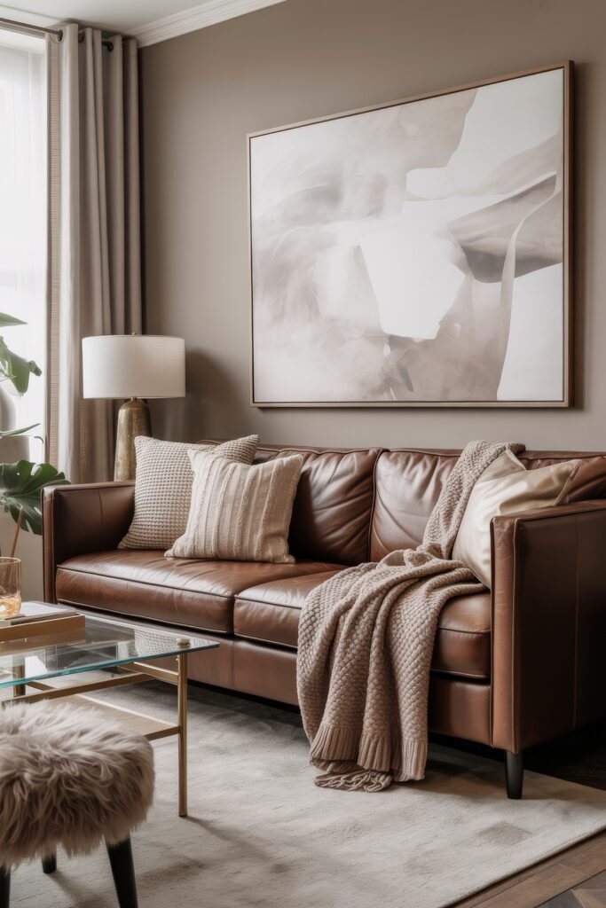 Brown Couch Living Room Ideas: Cozy and Chic Decor Inspiration 3 Stylish brown leather sofa with cozy throw pillows and a knit blanket beneath soft lighting and abstract wall art in a refined brown-themed setting.