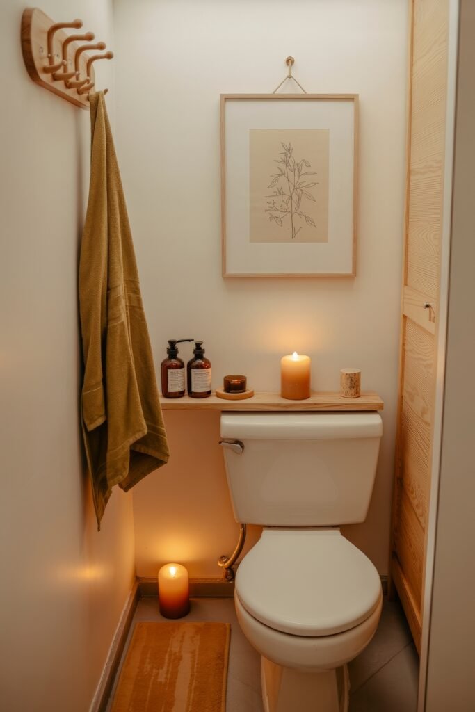 Fall Bathroom Decor: Cozy Upgrades for Instant Spa 3 Small bathroom with warm lighting, featuring a white toilet, candles, amber soap bottles, a botanical wall print, and an olive towel on a wood hook, embracing a minimalist fall bathroom decor aesthetic.