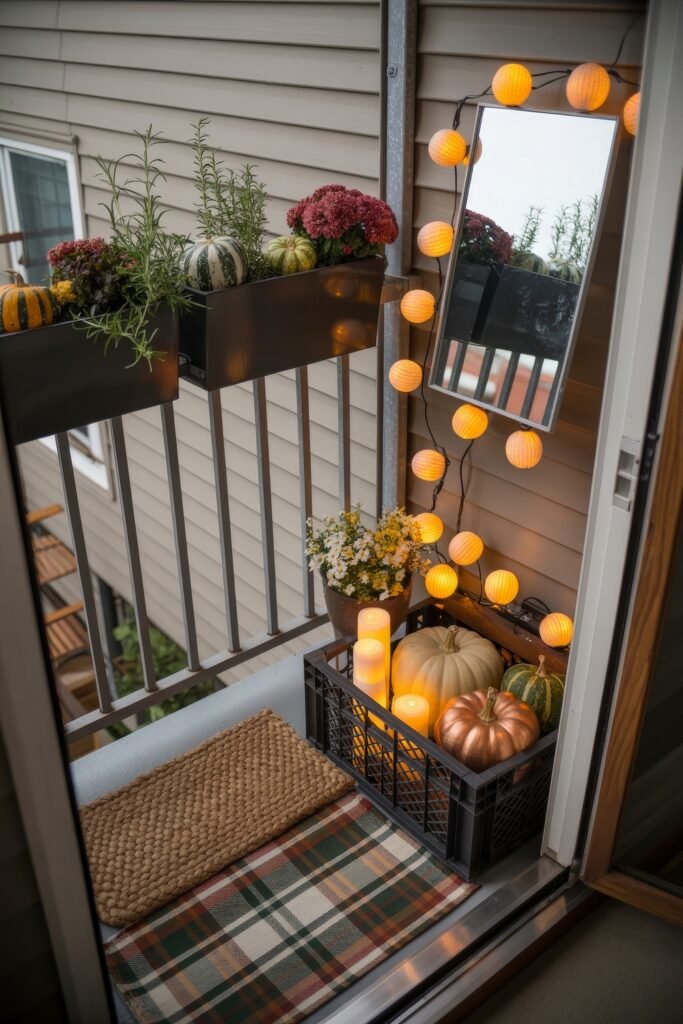 Fall Outdoor Decor: 12 Brilliant Touches for Tiny Porches 3 Narrow balcony corner styled with pumpkins, candles, flowers, and a mirror wrapped in orange string lights, blending rustic touches with fall decor charm.