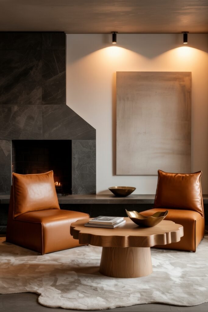 Modern Luxury Living Room: Designing a Sleek Luxe Lounge 3 Sophisticated living room vignette with a dark stone fireplace, pair of cognac leather lounge chairs, organic wood coffee table and brass accents creating an upscale, moody atmosphere