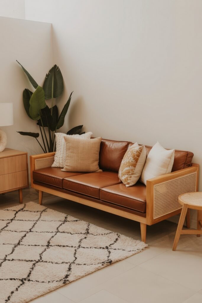 Brown Couch Living Room Ideas: Cozy and Chic Decor Inspiration 4 Mid-century inspired living space with a wooden-framed brown leather couch, patterned rug, and large leafy plant, blending organic textures and brown couch living room ideas.