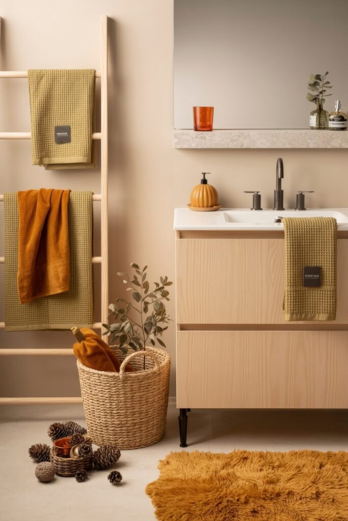 Fall Bathroom Decor: Cozy Upgrades for Instant Spa 4 Earth-toned bathroom featuring pumpkin-shaped soap dispenser, burnt orange and olive towels, woven basket with decor, and pinecones scattered on the floor, styled with warm textures and fall bathroom decor.