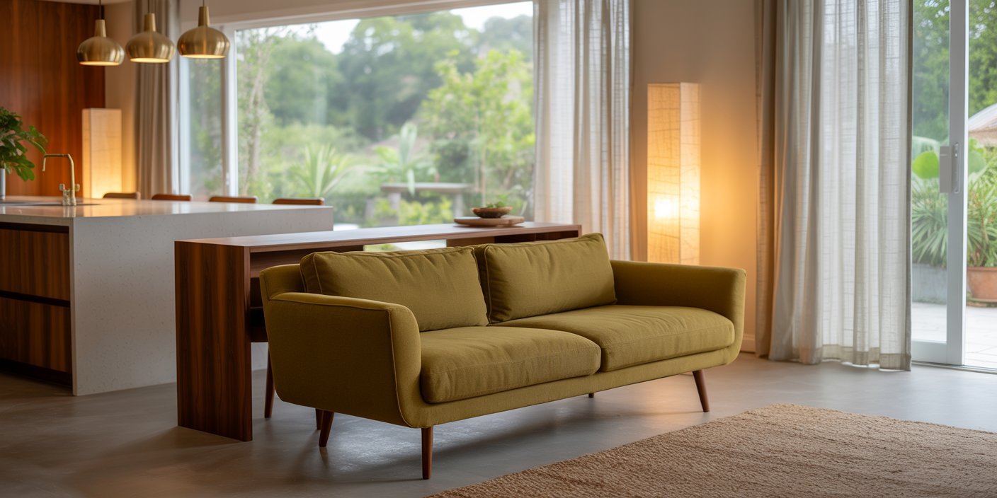 Modern open kitchen and living room with a mid-century style olive green sofa facing large windows, warm lighting, and a sleek island with wooden and white finishes.